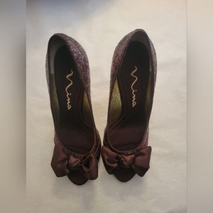 Nina Womens Brown Glitter Sparkles Satin Bow Stiletto Heel Peep Toe 10M